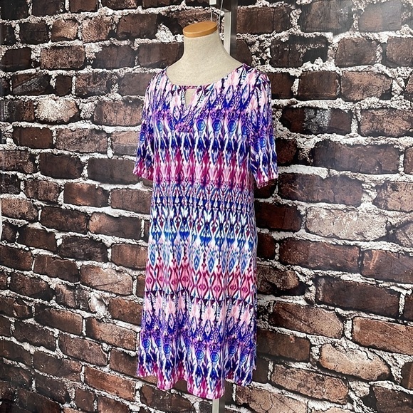 Chico's Dress Purple Pink Ikat Print Short Sleeves Stretchy Size Small 4P - Picture 6 of 12